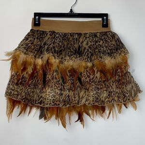 Trendi 365 Mini Skirt with Sheer Leopard Print and Feathers Size M